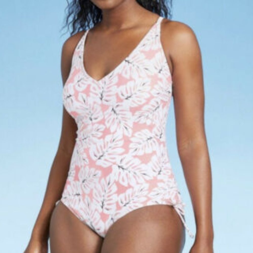 NEW Kona Sol Womens One Piece Swimsuit Cross Back Pink and White Floral Size XL